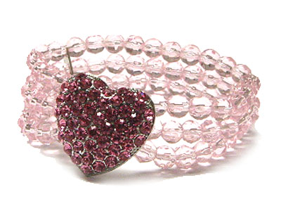 Crystal heart and triple line glass beads stretch bracelet