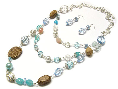 Thriple line natural stone and acryl beads necklace and earring set