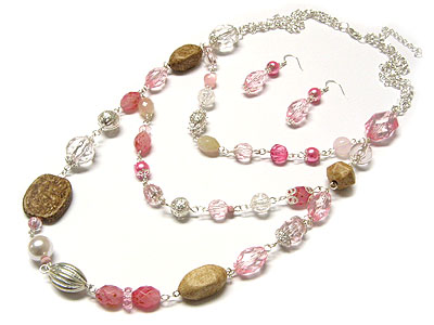 Thriple line natural stone and acryl beads necklace and earring set