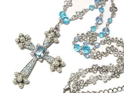 Crystal and pearl deco cross necklace