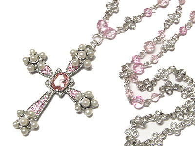 Crystal and pearl deco cross necklace