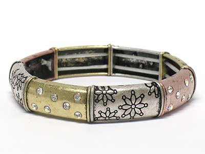 Crystal stud metal flower pattern elastic bracelet