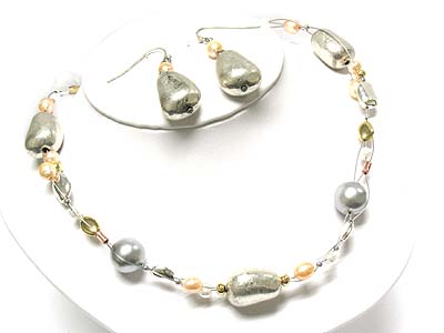 Multi metal beads link wire strand necklace and earring set 