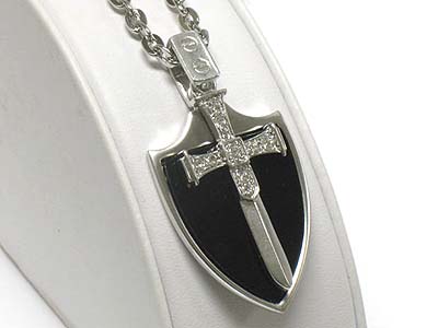 Made in korea whitegold plating crystal sword and shield dual pendant necklace