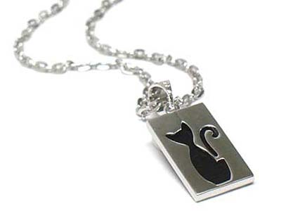 Made in korea whitegold plating onyx cat shape cut out pendant necklace