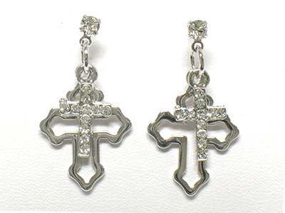 Made in korea whitegold plating crystal double cross drop earring 