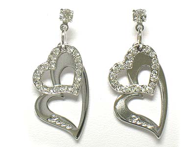 Made in korea whitegold plating crystal dual heart drop earring