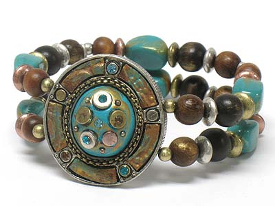 Antique style crystal stud round metal and multi wood beads double line elastic bracelet