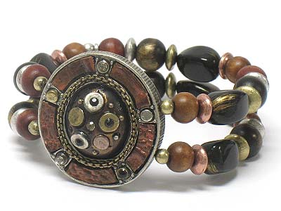 Antique style crystal stud round metal and multi wood beads double line elastic bracelet 