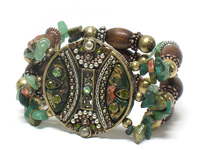 Antique style crystal stud round metal and multi wood beads and chip stone deco triple line elastic bracelet 