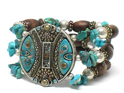 Antique style crystal stud round metal and multi wood beads and chip stone deco triple line elastic bracelet 