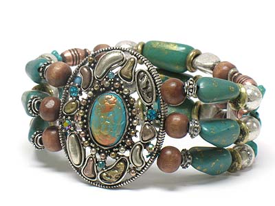 Antique style crystal stud casting oval metal and multi wood and metal beads  deco triple line elastic bracelet 