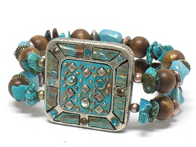 Antique style crystal stud and wood deco square metal and multi wood beads double line elastic bracelet 