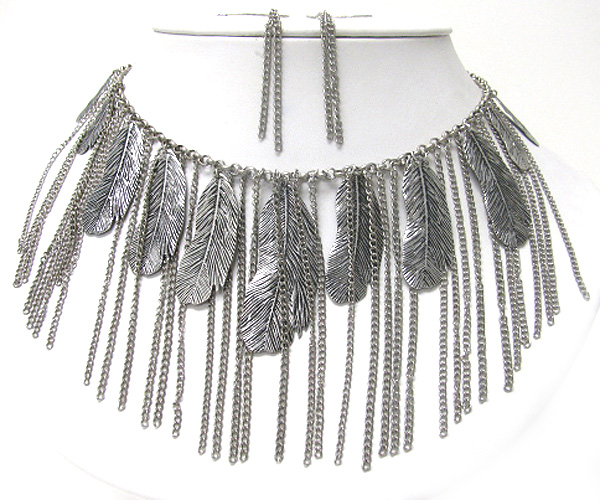 Multi metal leaves and chain drop necklace earring set