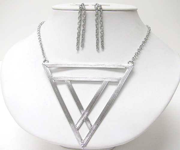 Architectural large metal triangle pendant necklace earring set