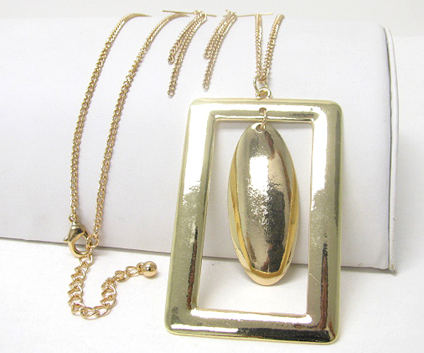 Large rectangle metal pendant long chain necklace earring set