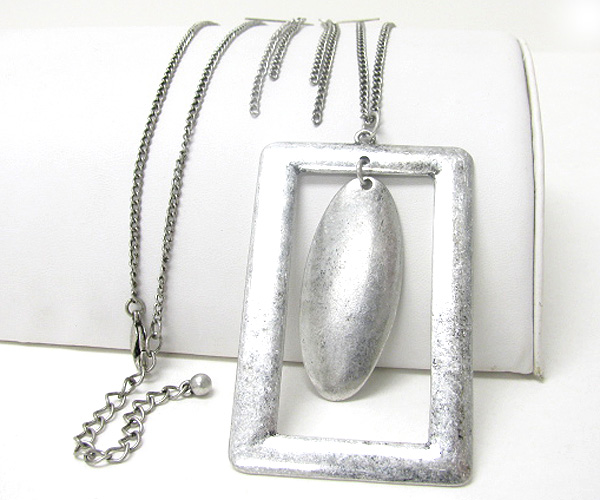 Large rectangle metal pendant long chain necklace earring set