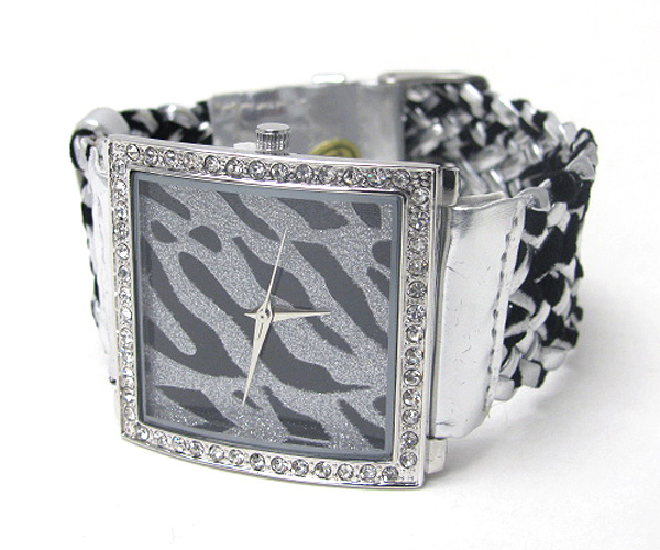 Crystal frame square face and braided band animal print watch