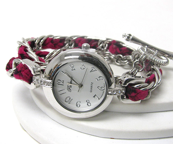 Crystal deco face and leatherette and metal chain double wrap watch