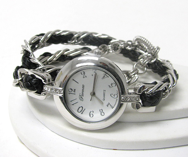 Crystal deco face and leatherette and metal chain double wrap watch