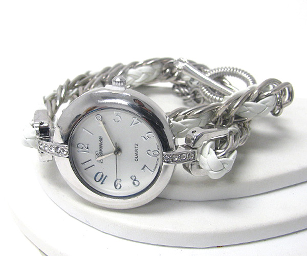 Crystal deco face and leatherette and metal chain double wrap watch