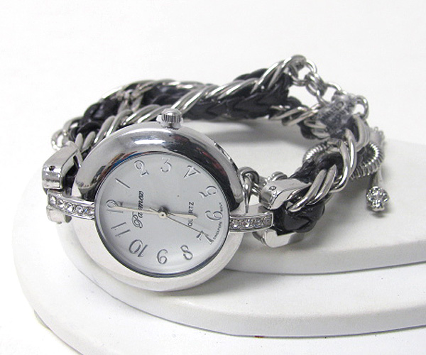 Crystal deco face and leatherette and metal chain double wrap watch