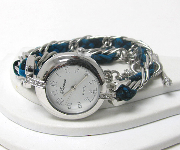 Crystal deco face and leatherette and metal chain double wrap watch