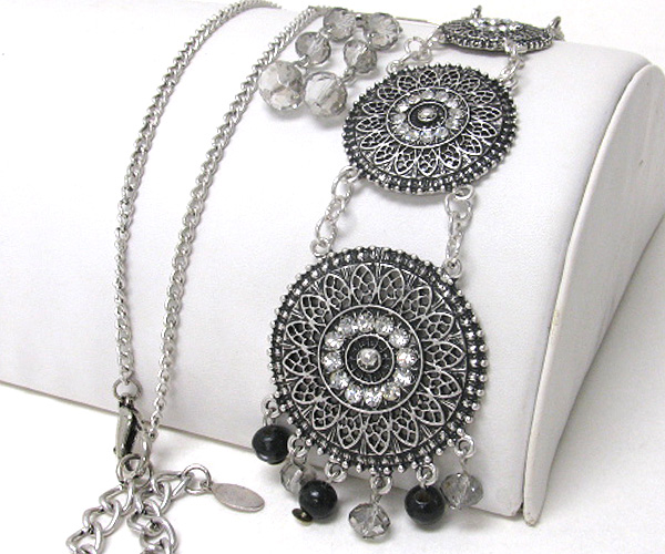 Crystal and metal filigree triple pendant drop long necklace earring set