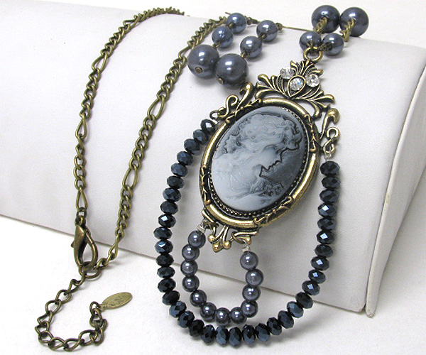 Crystal and pearl deco cameo pendant long necklace earring set