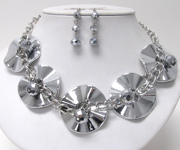 Multi waved metal disk link necklace earring set