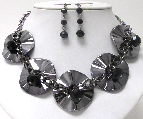 Multi waved metal disk link necklace earring set