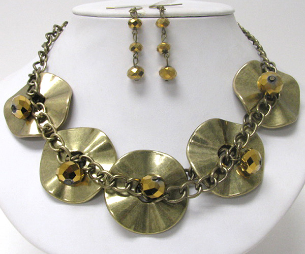 Multi waved metal disk link necklace earring set