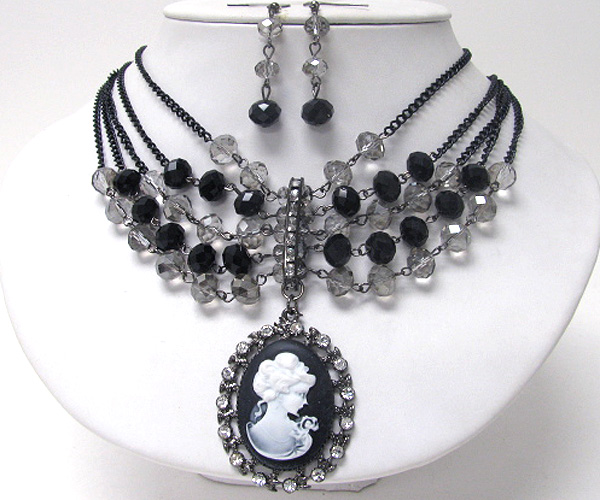 Crystal and glass bead deco cameo pendant multi chain necklace earring set