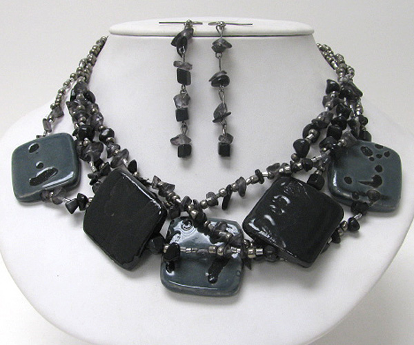 Multi square figurine and chip stone necklace earring set