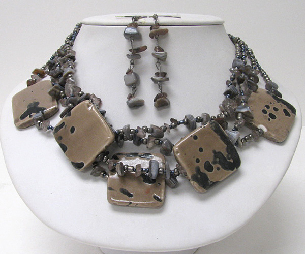 Multi square figurine and chip stone necklace earring set