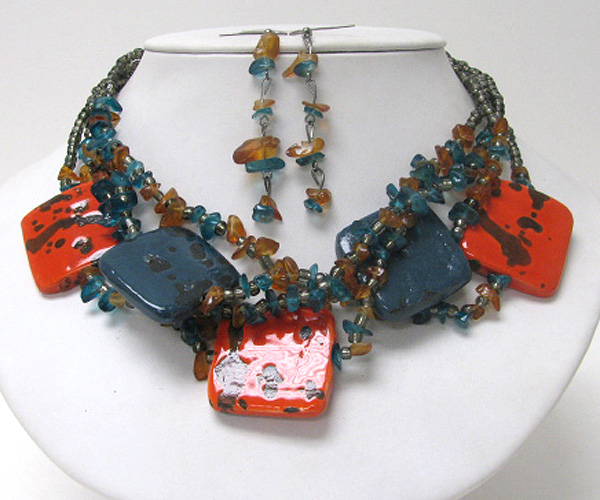 Multi square figurine and chip stone necklace earring set