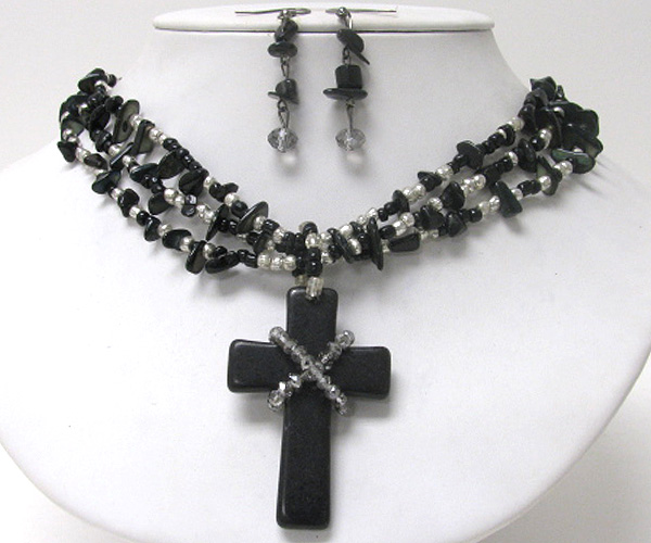 Natural stone cross pendant and chip stone chain necklace earring set