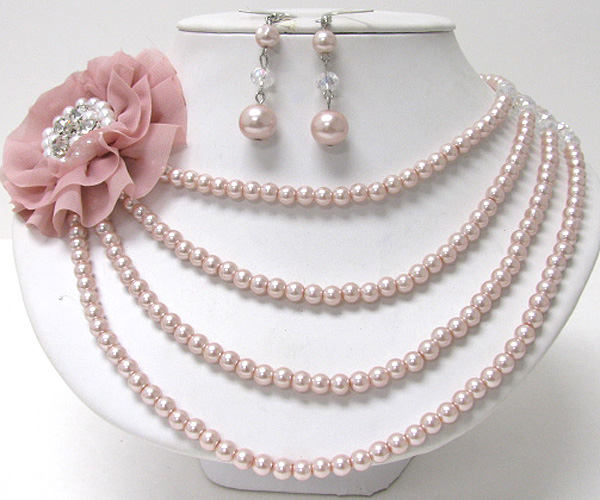 Crystal and pearl deco fabric flower corsage multi pearl chain necklace earring set