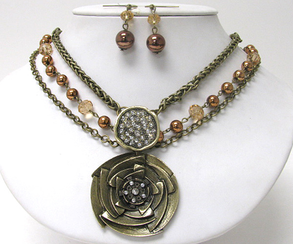 Crystal deco metal flower pendant and multi chain necklace earring set