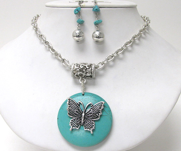 Metal filigree butterfly on turquoise pendant necklace earring set