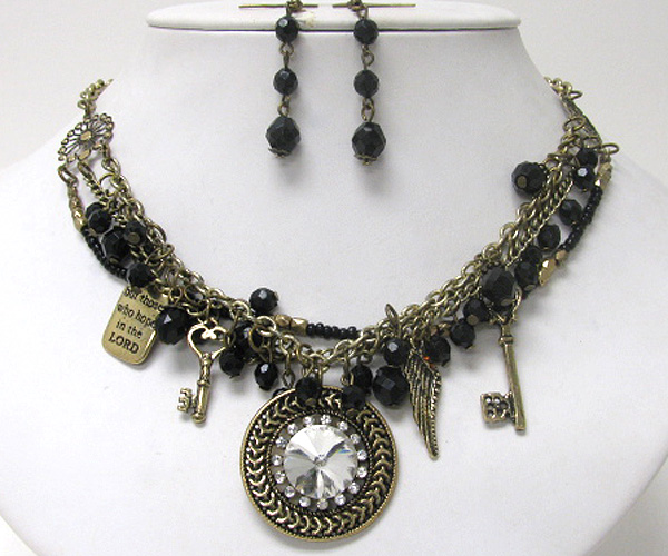 Facet glass and crystal deco pendant and multi glass bead and chain necklace earring set