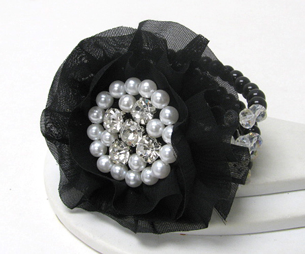 Crystal and pearl center fabric flower stretch bracelet