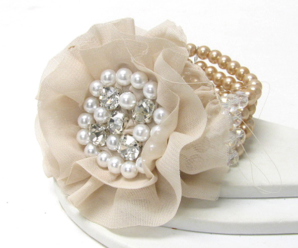 Crystal and pearl center fabric flower stretch bracelet