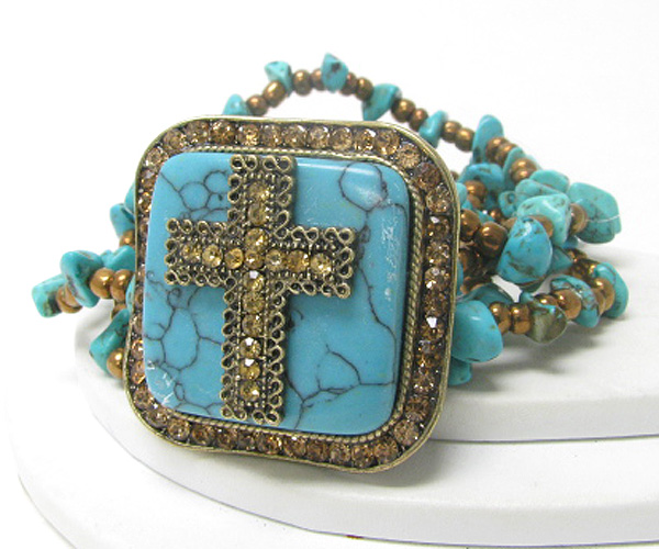 Crystal cross on turquoise and chip stone stretch bracelet