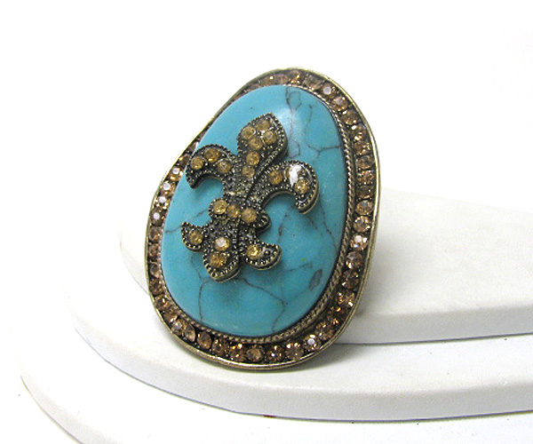 Crystal fluer de lis on turquoise stretch ring