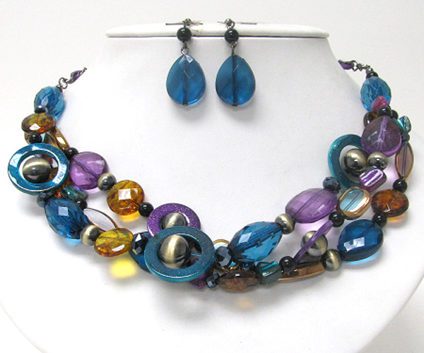 Acrylic beads and multi chain link necklace earring set