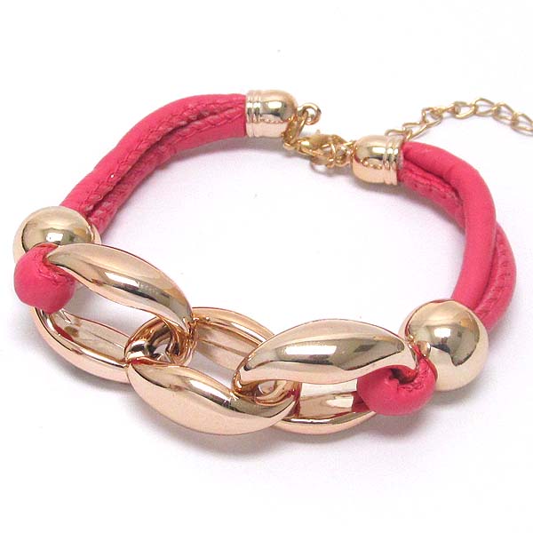 Thick chain accent and leatherette band bracelet