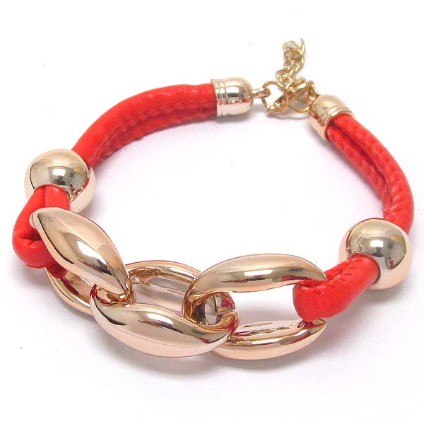 Thick chain accent and leatherette band bracelet