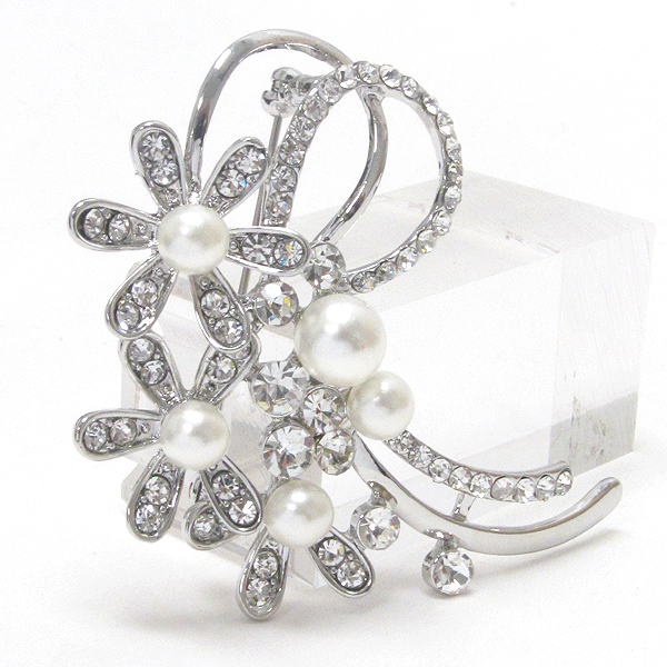 Center pearl and crystal deco floating flower brooch or pin