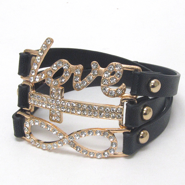 Crystal deco cross love and infinity leatherette wrap bracelet